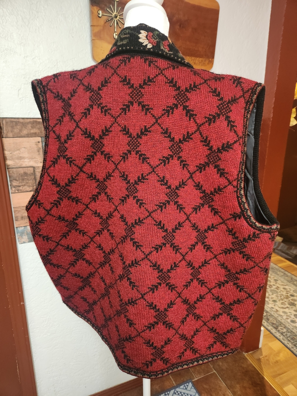 Red Embroidered Knit Vest with Floral Trim - Women's Layering Vest - Picture 9 of 10